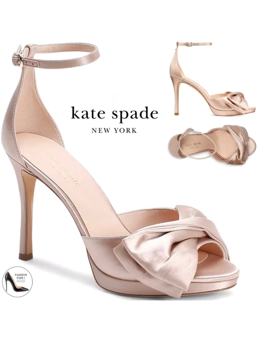 Kate Spade Bridal Bow Champagne Satin Platform Sandal Stiletto Heel Evening pump
